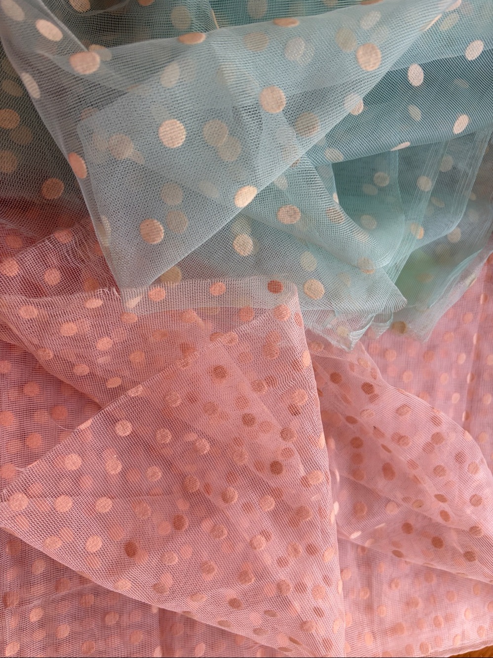 Fabric, 44โ W ร 283โ L & 50โ W ร 76โ L, Pink and Blue Polka Dot Mesh
